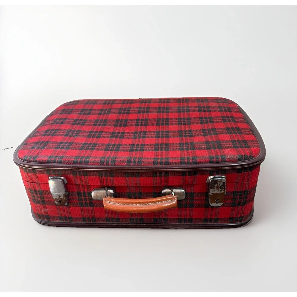 Vintage Tartan Plaid Child's Suitcase White Dove Brsnf Heirloom Distressed